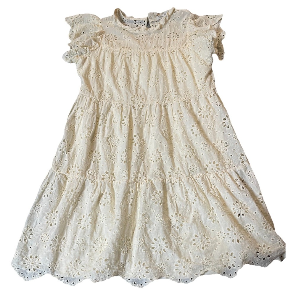 Tiered Floral Embroidery Dress Juniors Sz L Ivory Eyelets Ruffles Boho Romantic